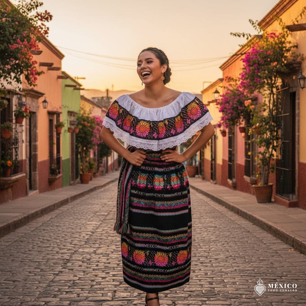 Traditional Mexican Floral Cambaya Dress Set – Handmade Three-Pieces